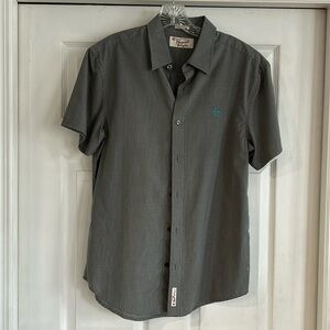 Men’s medium Penguin button down short sleeve shirt grey check pattern